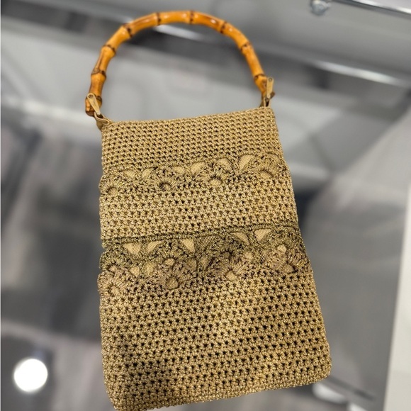 From India Tan Wooden Handle Sparkly Mini Bag Magnetic One Button Closure - Picture 4 of 5